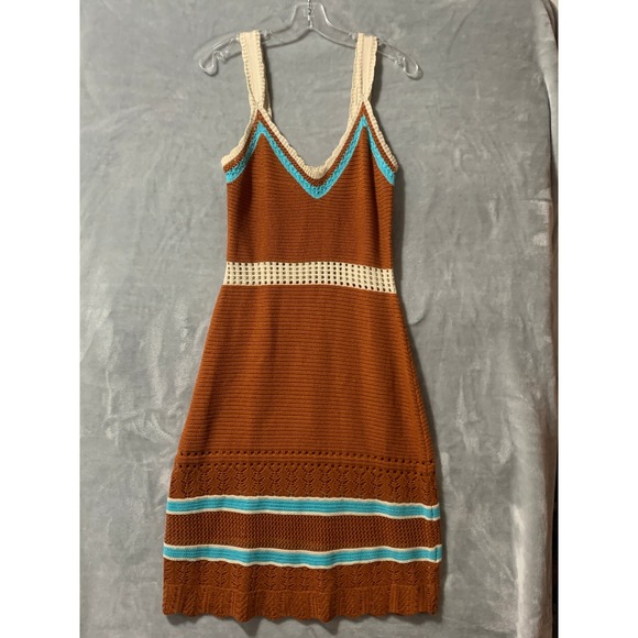 Absolutely Famous Crochet Knit Dress Medium Brown Sleeveless V Neck Y2K Boho - Picture 1 of 14